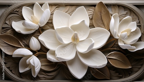 Exquisite White Magnolia Blossoms In A Plaster Relief Featuring Layers Of Waxy Leaves And Ivory Petals In A Delicate Arrangement