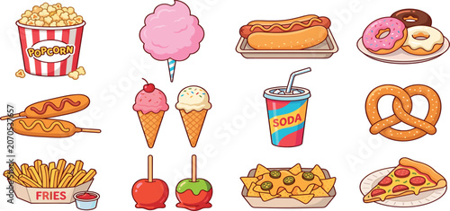 Konstfotografi Carnival Fair Snack and Fast Food Vector Icon Set with Popcorn Cotton Candy Hot