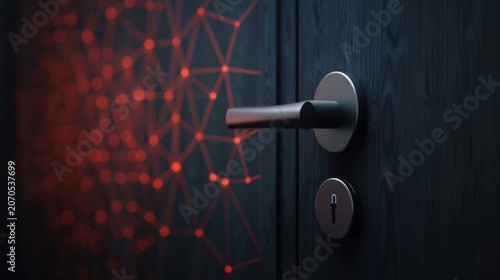 A contemporary dark wood door featuring a metallic handle and keyhole overlaid with a luminous red digital network pattern signifying connectivity and security