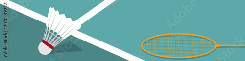 Badminton shuttlecock and racket illustration on teal court. Badminton sport banner background vector