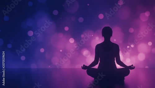 Tranquil Meditation in Purple Hues: Silhouette of a person meditating in a lotus position, surrounded by soft, ethereal purple and blue bokeh lights, creating a serene and spiritual atmosphere.