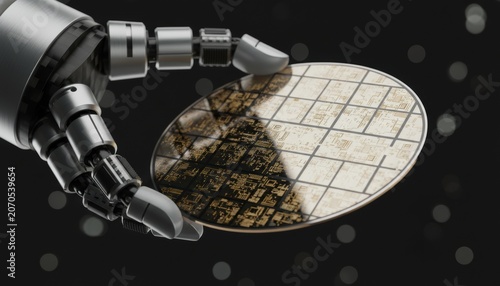 Robotic Hand Holding Semiconductor Wafer: A detailed close-up shows a metallic robotic hand meticulously holding a semiconductor wafer, showcasing the intricate grid pattern and reflecting a blurred.