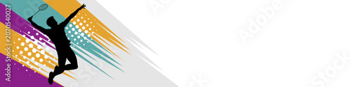 Badminton Player Silhouette Jumping for Smash on Graphic Banner. Badminton sport banner background vector