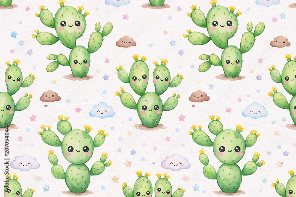 Fototapeta premium Cute Kawaii Cactus Watercolor Seamless Pattern with Clouds and Stars