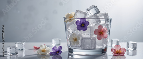 Ice bucket with frozen flowers for summer beverage blogs and creative party stock images