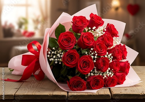Buket Bunga Mawar Merah Segar dengan Pita Merah di Atas Meja Kayu, Konsep Romantis Hari Valentine