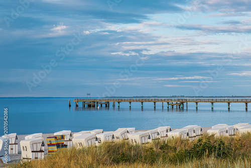View towards the Boltenhagen pier on the Baltic Sea in the evening