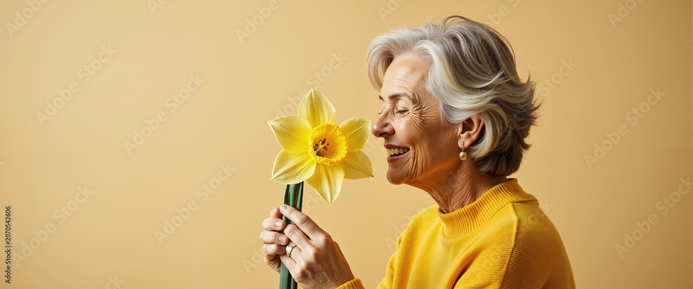Naklejka premium Person smelling daffodil bloom for spring season blogs and aromatherapy visuals