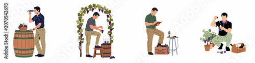 Fotografie Winemaker and enologist flat vector illustrations showing grape quality control, testing, and winemaking processes from vineyard to cellar for organic production