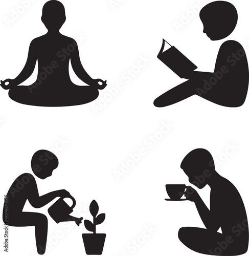 4 Peaceful Routine Black Silhouette Icons Set