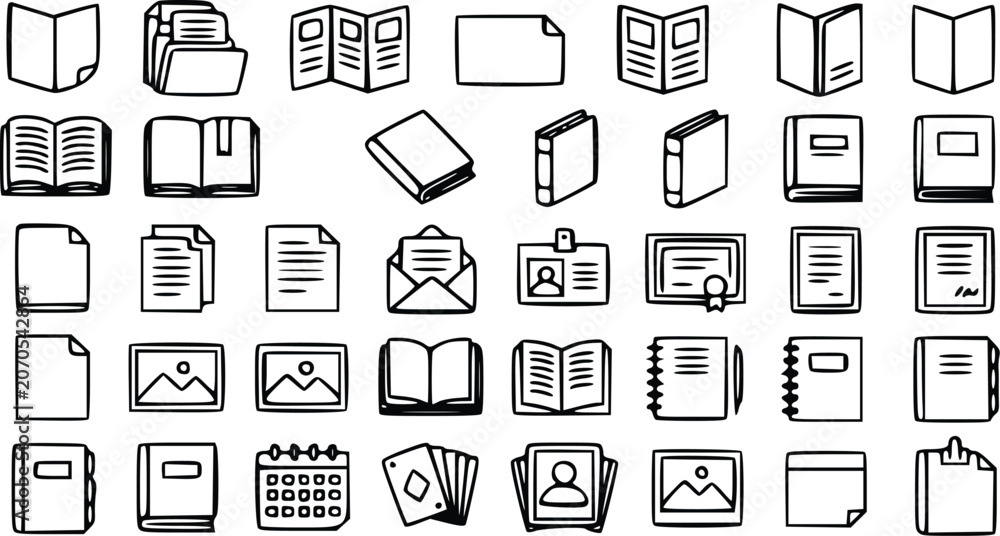 Fototapeta premium Collection of hand drawn book and document icons set including notebooks folders papers and various stationery design elements isolated