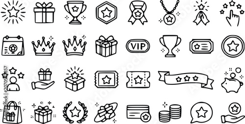 Loyalty program rewards icons set featuring hand drawn vector illustrations of gifts trophies crowns and badges for modern business marketing