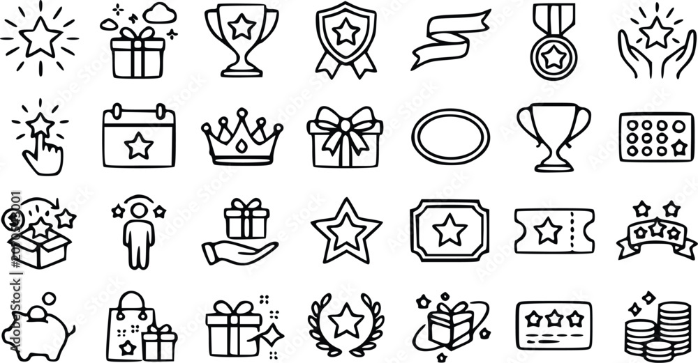 Fototapeta premium Vector illustration set of hand drawn reward icons featuring stars trophies gift boxes medals crowns and various golden prizes