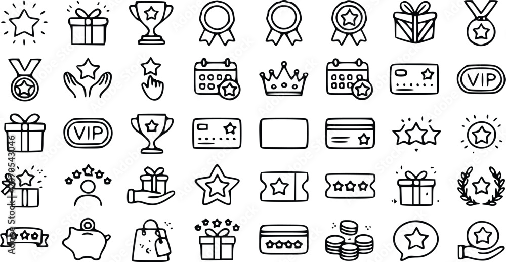 Fototapeta premium Loyalty program icons set featuring hand drawn vector symbols of stars rewards trophies gifts and vip membership marketing elements