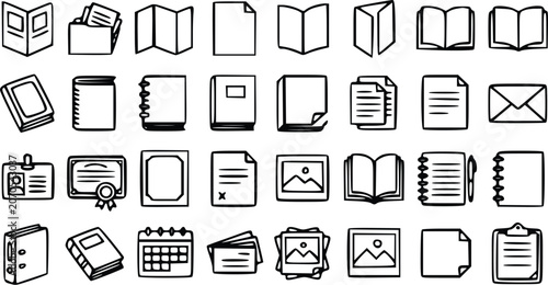 Document icons set featuring hand drawn vector sketches of books folders papers notebooks and various office stationery supplies collection