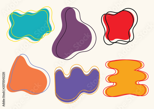 A collection of vibrant, abstract organic shapes with wavy line accents. Ideal for modern text box designs, presentation backgrounds, social media graphics, UI elements, and creative layouts.