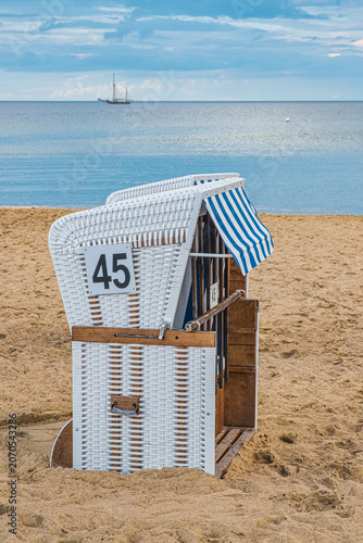 Beach chairs on the empty beach of Boltenhagen on the Baltic Sea in the evening