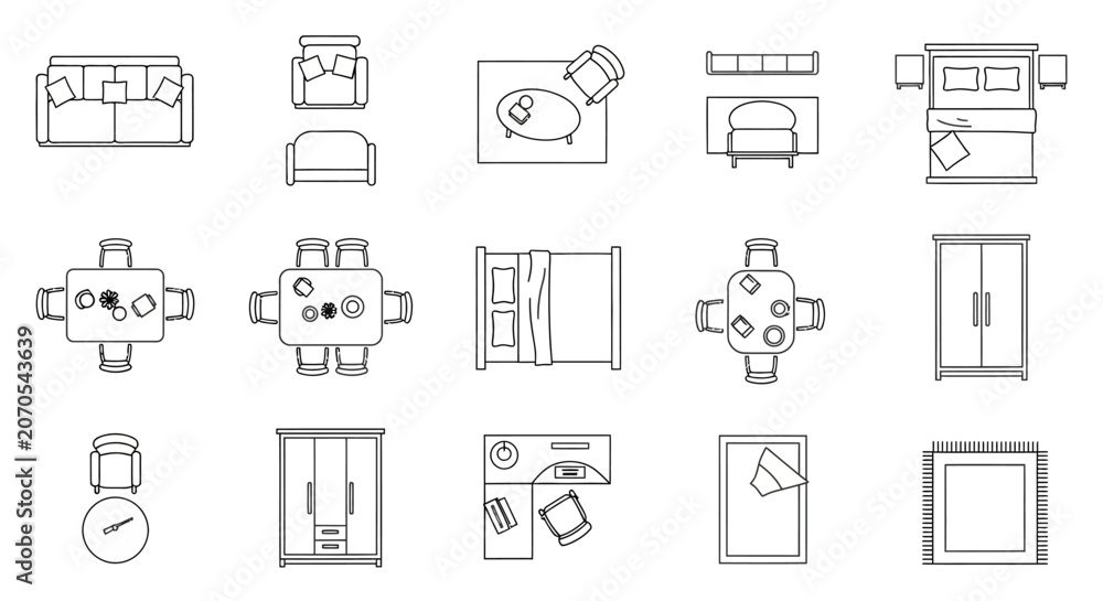 Fototapeta premium Collection of simple black line icons representing various household tools and objects.