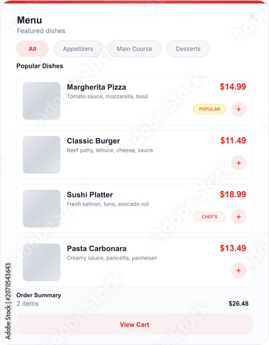 Restaurant Menu Template with Food Items and Order Summary