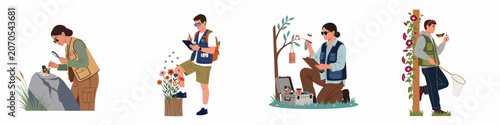 Valokuva Set of entomologists and biologists conducting field research and collecting insect specimens in nature, flat vector illustration