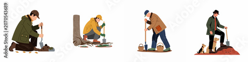 Foto Set of four flat vector illustrations depicting men digging in the earth, gardening, or truffle hunting with dogs and shovels on white background