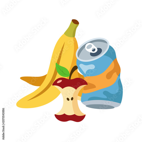 Flat design illustration depicting a banana, apple core, and crushed soda can. Represents organic and recyclable waste, suitable for environmental awareness and sustainability projects.