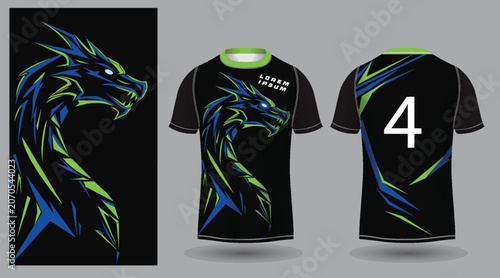 Obraz na płótnie Esports jersey design with abstract blue and green dragon mascot logo template for professional gamers team uniform kit