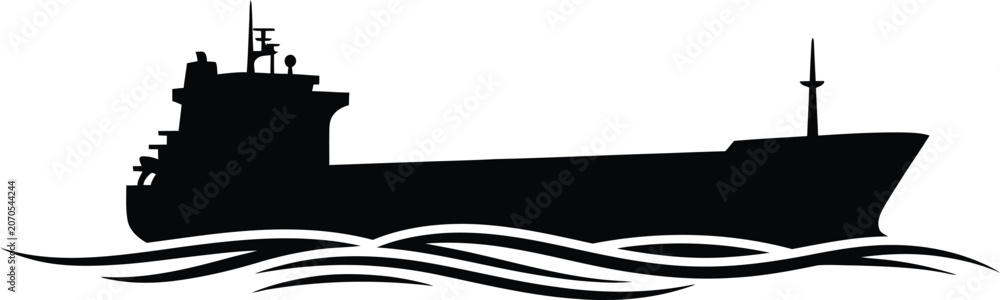 Obraz premium Silhouette vector of a large cargo ship sailing on ocean design