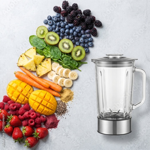 Fresh fruits including apples, grapes, orange, banana, kiwi, lemon, and pear on a white background