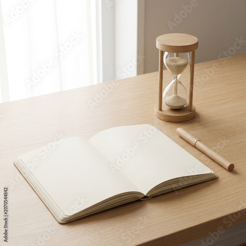 Hourglass resting on a book symbolizing time, deadlines, finance and waiting