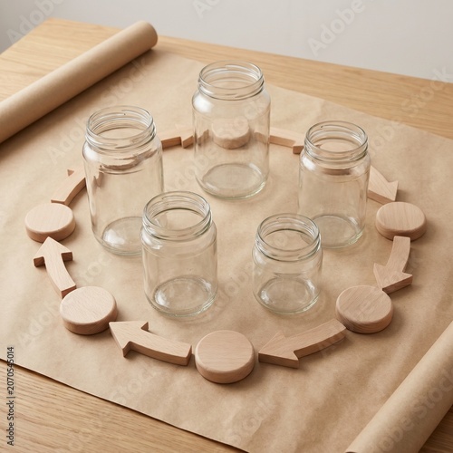 Empty glasses and cups on a table with clear water and tea beverages in a clean, healthy setting