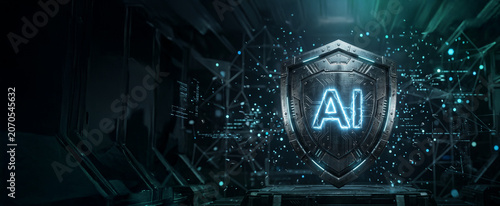 Metallic AI Security Shield with Advanced Cyber Defense Technology Background