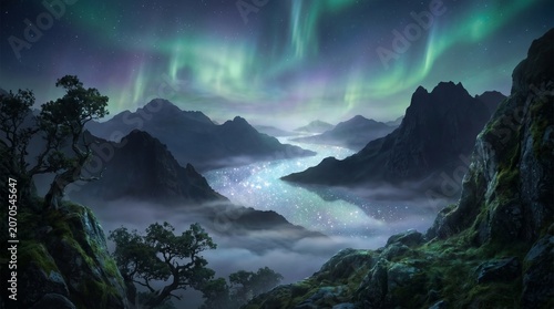 Dramatic sunset over a misty mountain valley with low clouds hugging the peaks and a serene lake below