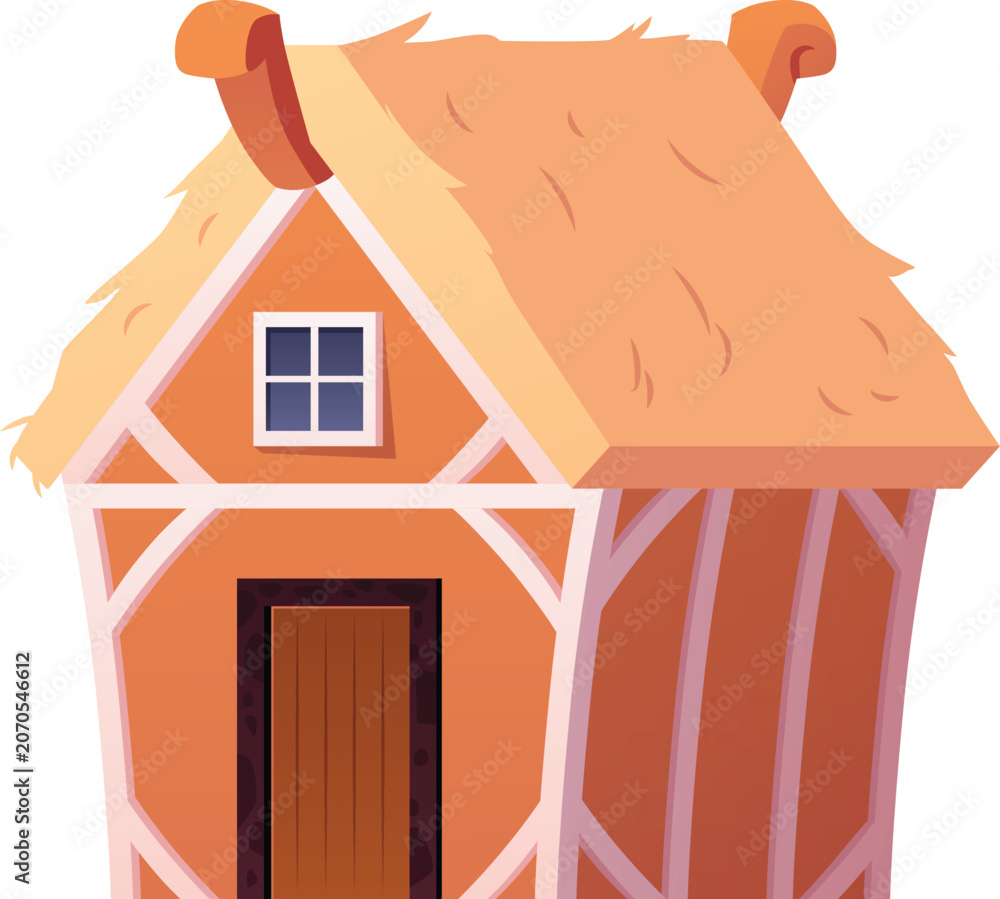 Naklejka premium A cozy medieval half-timbered house with a thatched roof and a wooden door and window.