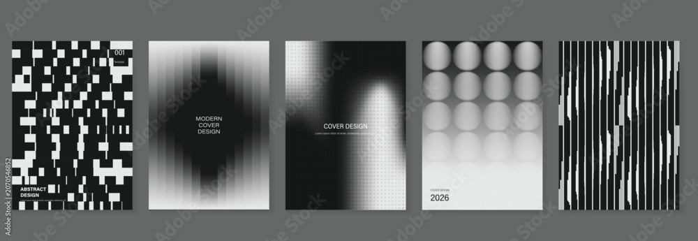 Naklejka premium Abstract monochrome poster vector set with black and white geometric patterns, blurred gradient covers, pixel shapes and optical stripe layouts for modern flyer, banner and print template design.