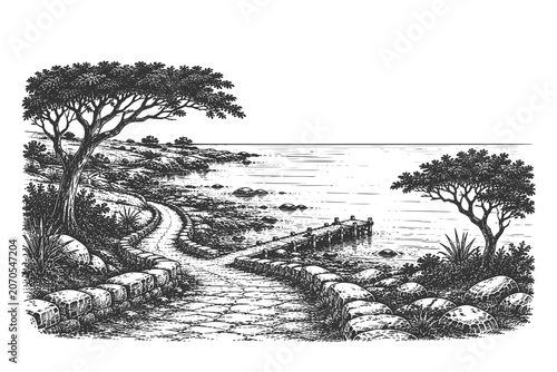 Foto Vintage engraved coastal path vector illustration with stone walkway, seaside pi