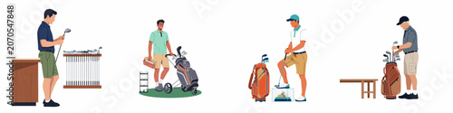 A set of four flat vector illustrations featuring men selecting golf clubs, carrying gear on a cart, and preparing for a game of golf.