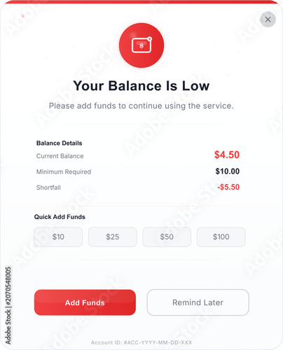 Low Balance Notification Pop-up Window