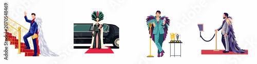 Foto Set of vector illustrations featuring celebrities in extravagant feather-adorned outfits at red carpet events, award ceremonies, and glamorous premieres