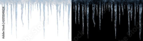 Fotografie Blue ice icicles hanging with frost snow and cold winter atmosphere creating rea