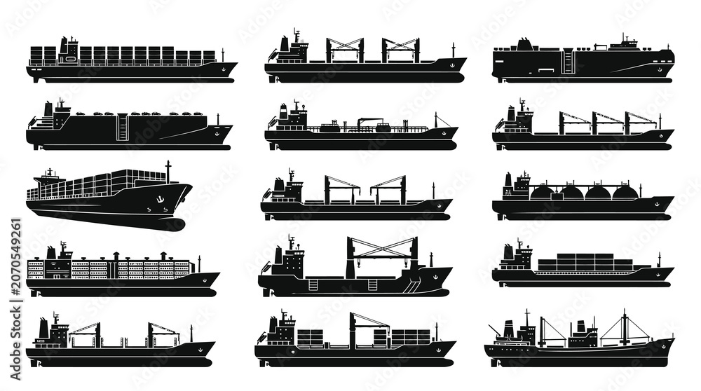 Obraz premium Black White Cargo Ships Silhouettes Set - Vector Illustration for Maritime Industry