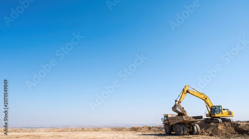 Excavator loading dump truck at open pit mining site for earthmoving and heavy construction project, industrial machinery working in desert landscape