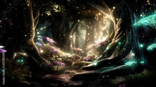 Fantasy, mysterious, wallpaper. A vivid, fantastical depiction of a mystical forest scene. The main subject is a large, intricately carved tree trunk.