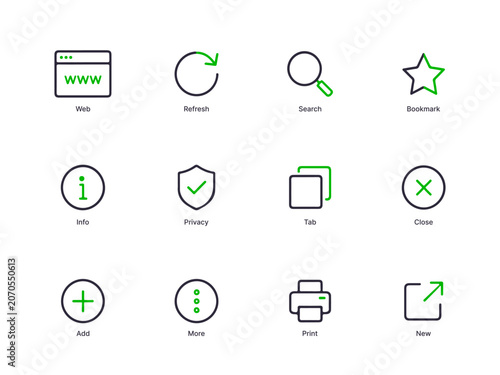 Web interface icons set, line art style, illustration