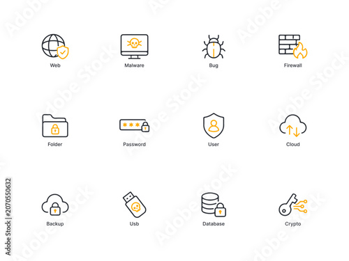Collection of technology icons in line art style