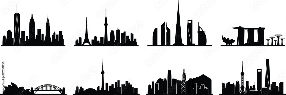 Obraz premium Famous city skyline silhouettes set including New York, Tokyo, Dubai, Singapore, Sydney, and Shanghai architectures