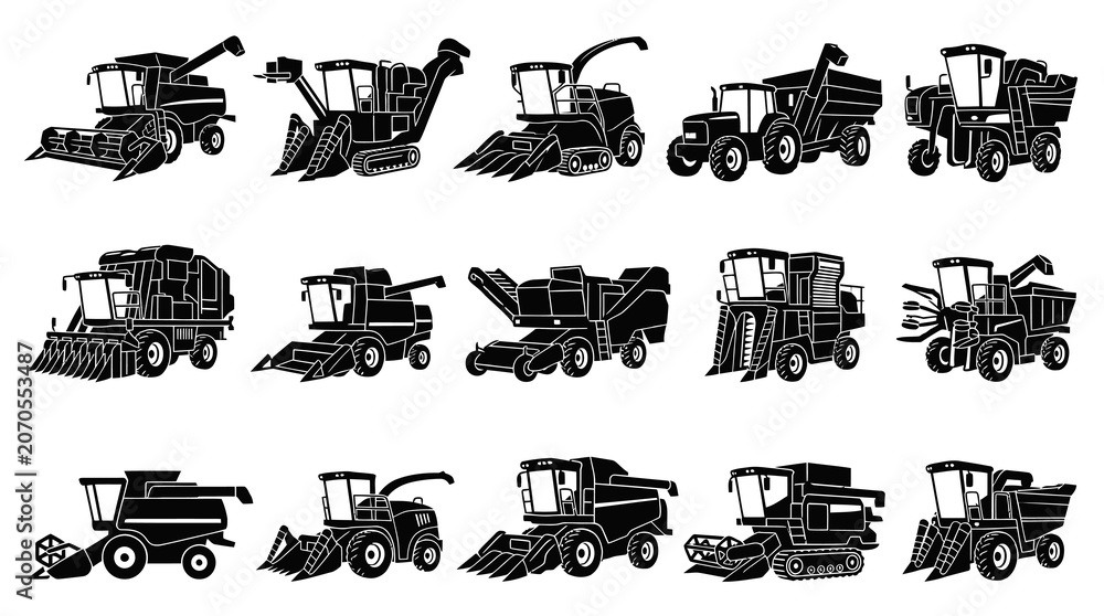 Obraz premium Agricultural Farming Machinery: Black White Glyph Vector Set of Combine Harvesters, Tractors, and Farm Vehicles.