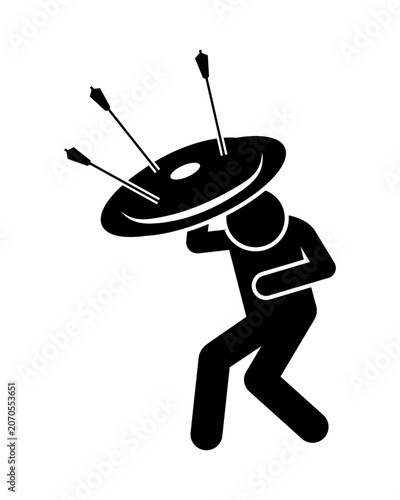Stick figure man protecting himself with a shield from falling arrows icon. cartoon stickman illustration.