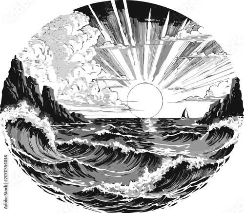 Vintage Ocean Sunrise Seascape Engraving Vector Illustrationn Vector Clip Art.
Vector illustration eps-10