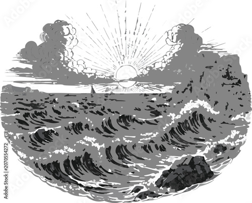Vintage Ocean Sunrise Seascape Engraving Vector Illustrationn Vector Clip Art.
Vector illustration eps-10